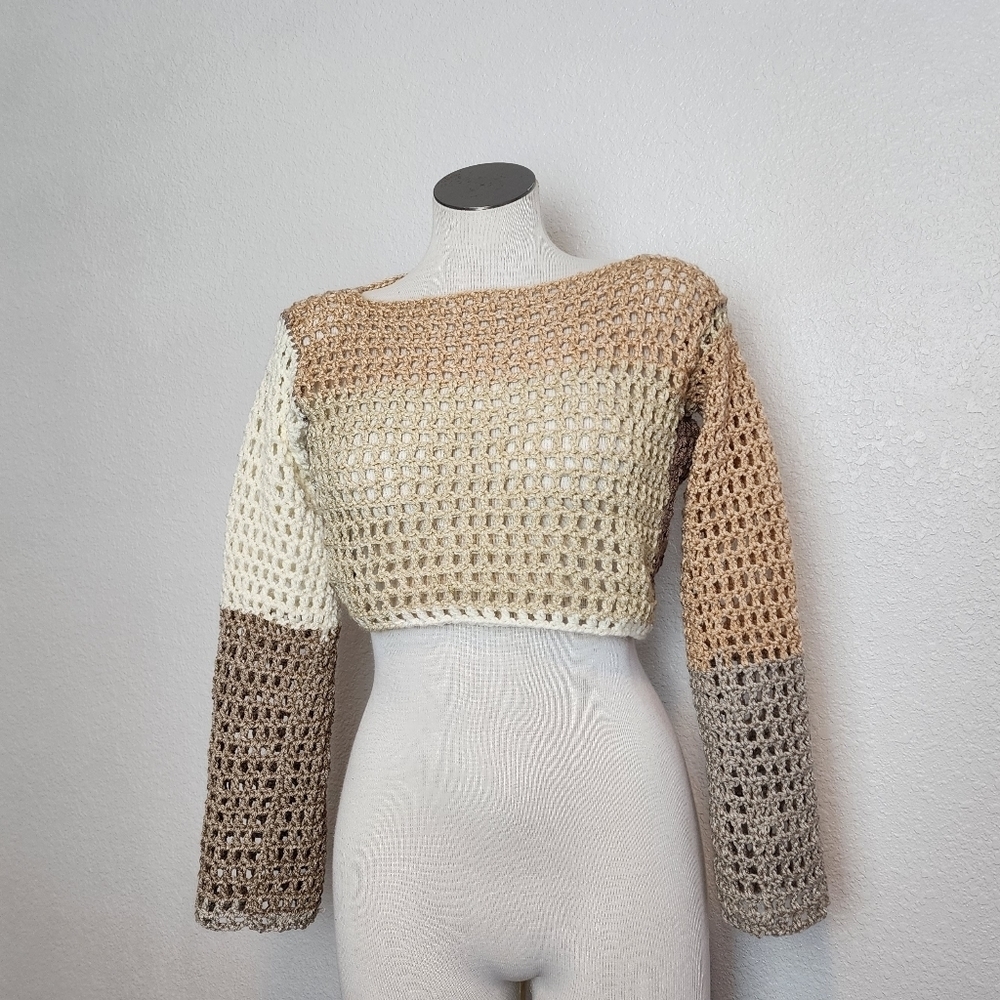 Crochet Crop Top Tan & Brown Shades Boat Neck Handmade Open Mesh Size M NWT